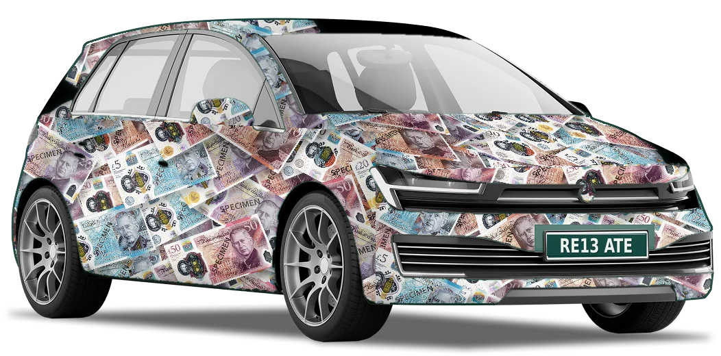 Hatchback wrapped in a collage of specimen banknotes, with the number plate RE13 ATE