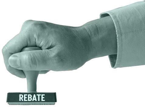 Hand holding a rubber stamp marked REBATE